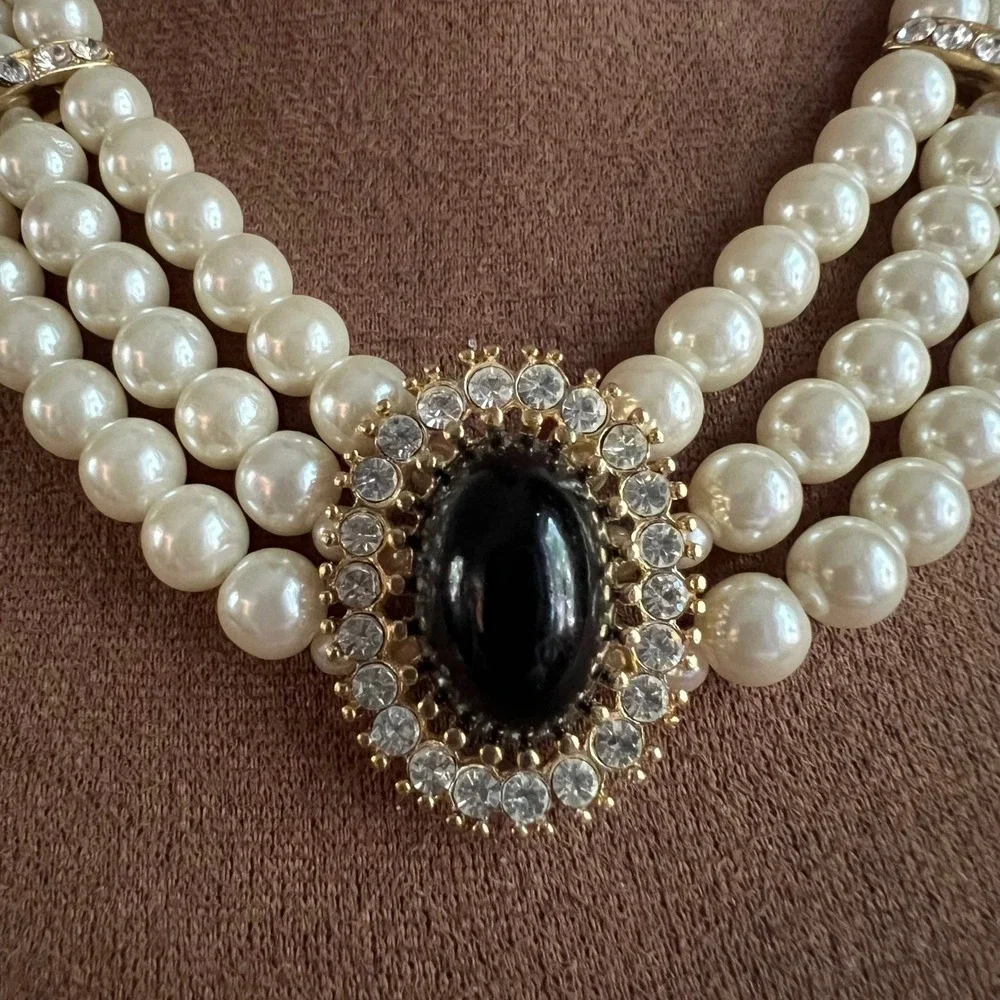 Vintage 3 Strand Faux Pearl Rhinestone Black Cabochon Necklace 18 Inch Old Money